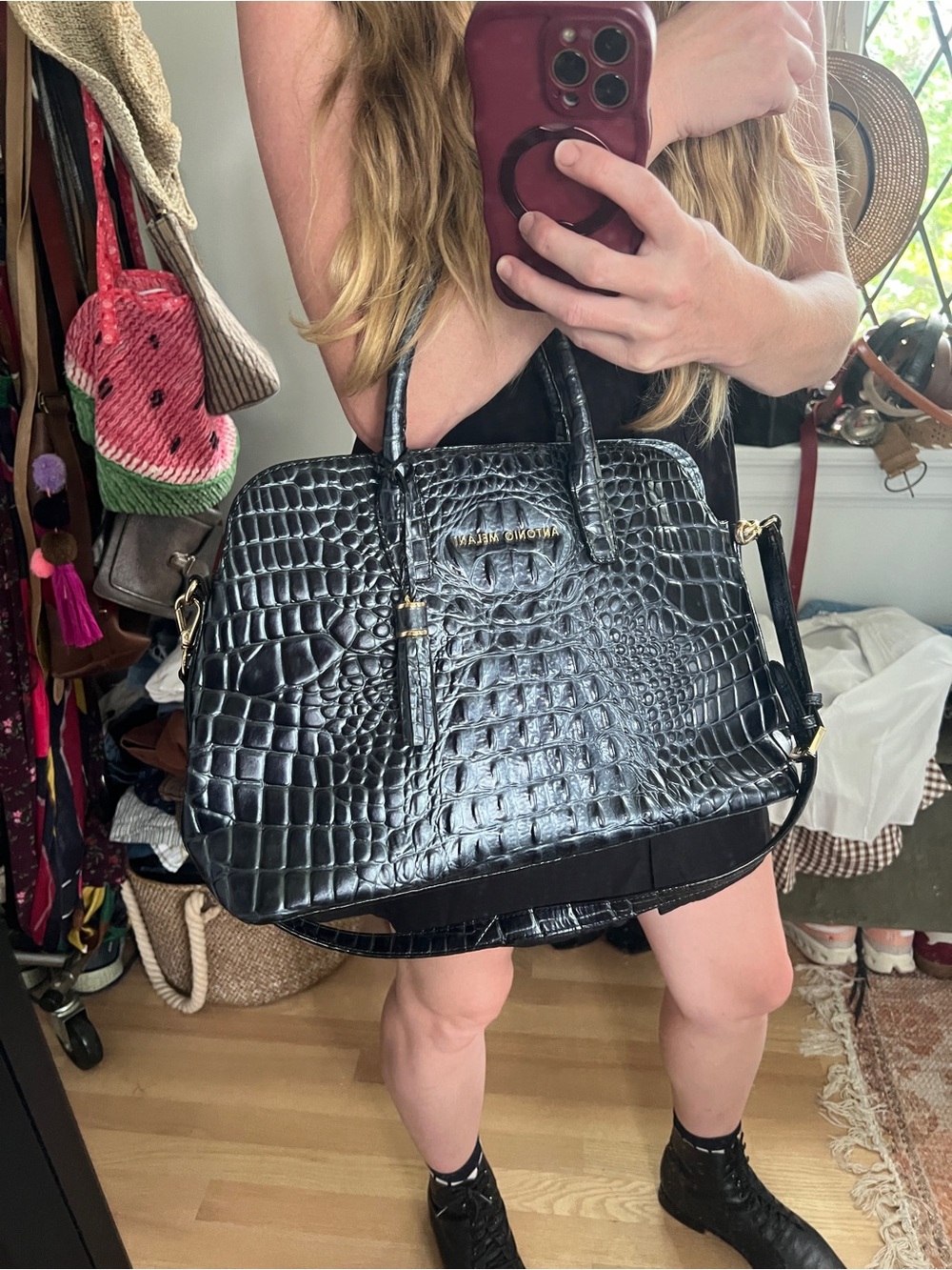 ANTONIO MELANI unique blue /Black Croc-Embossed Satchel with Detachable Strap - Picture 11 of 11